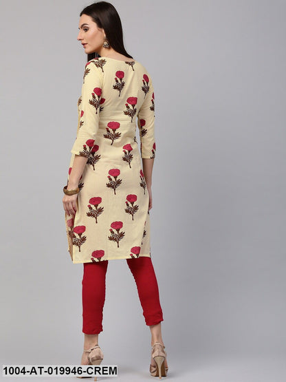 Cream-Coloured & Pink Floral Print Straight Kurta