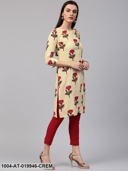 Cream-Coloured & Pink Floral Print Straight Kurta