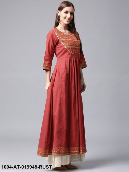 Rust Red Printed Detail Anarkali Kurta