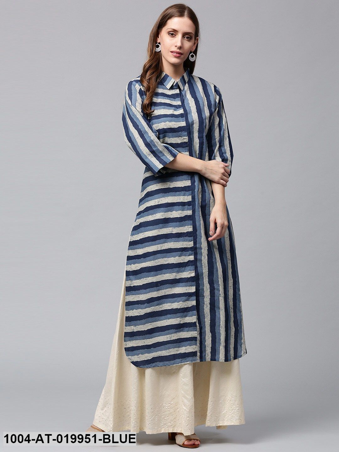 Blue & Off-White Striped Pathani Kurta