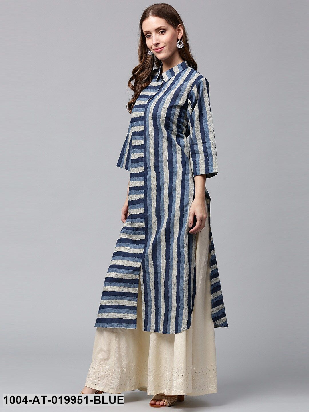 Blue & Off-White Striped Pathani Kurta