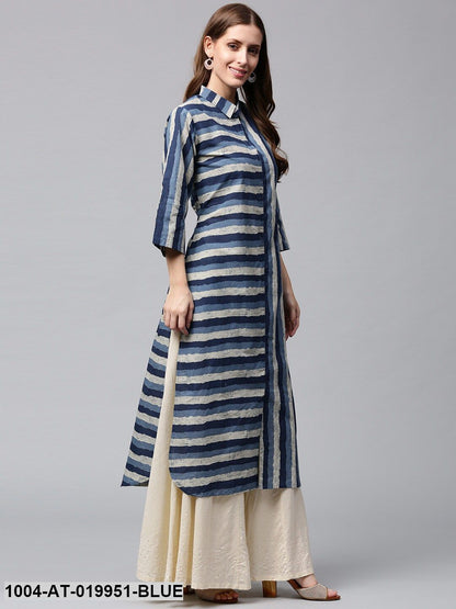 Blue & Off-White Striped Pathani Kurta