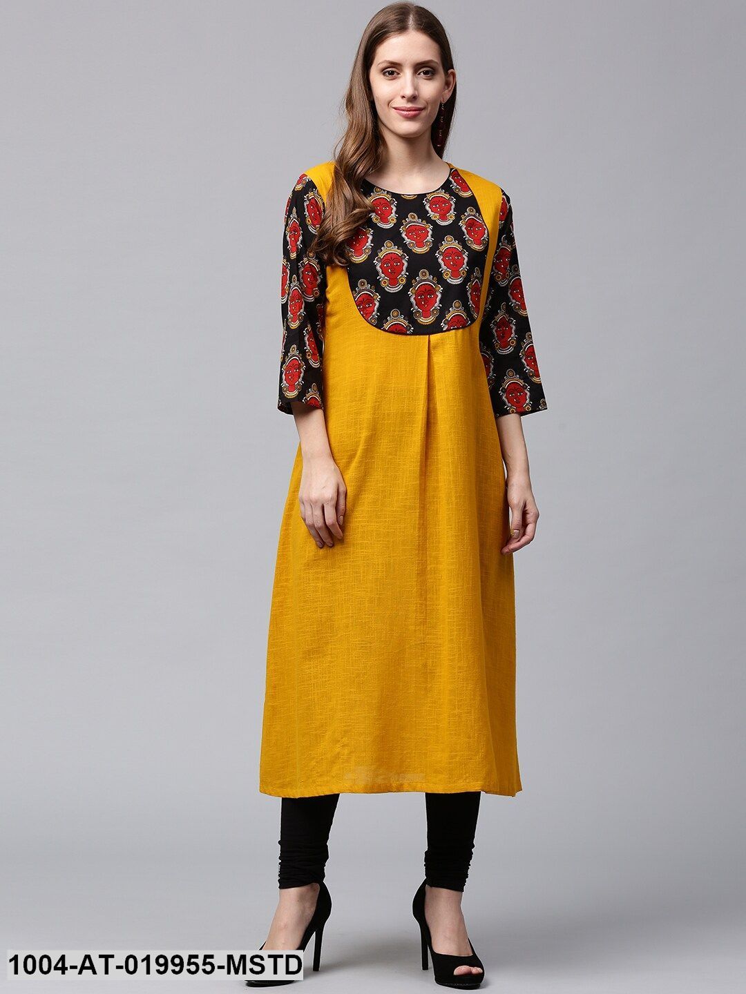 Mustard Yellow & Black Printed Detail A-Line Kurta