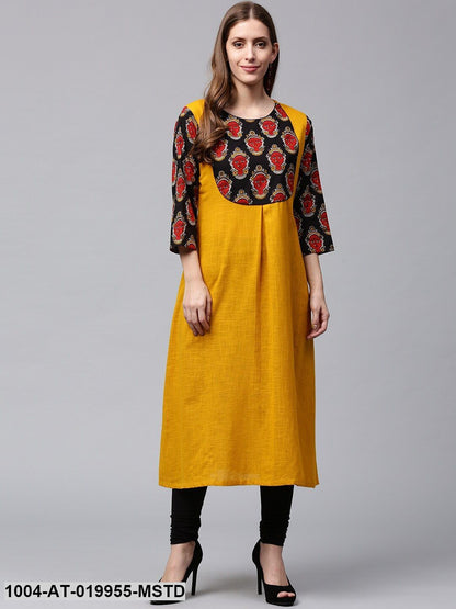 Mustard Yellow & Black Printed Detail A-Line Kurta
