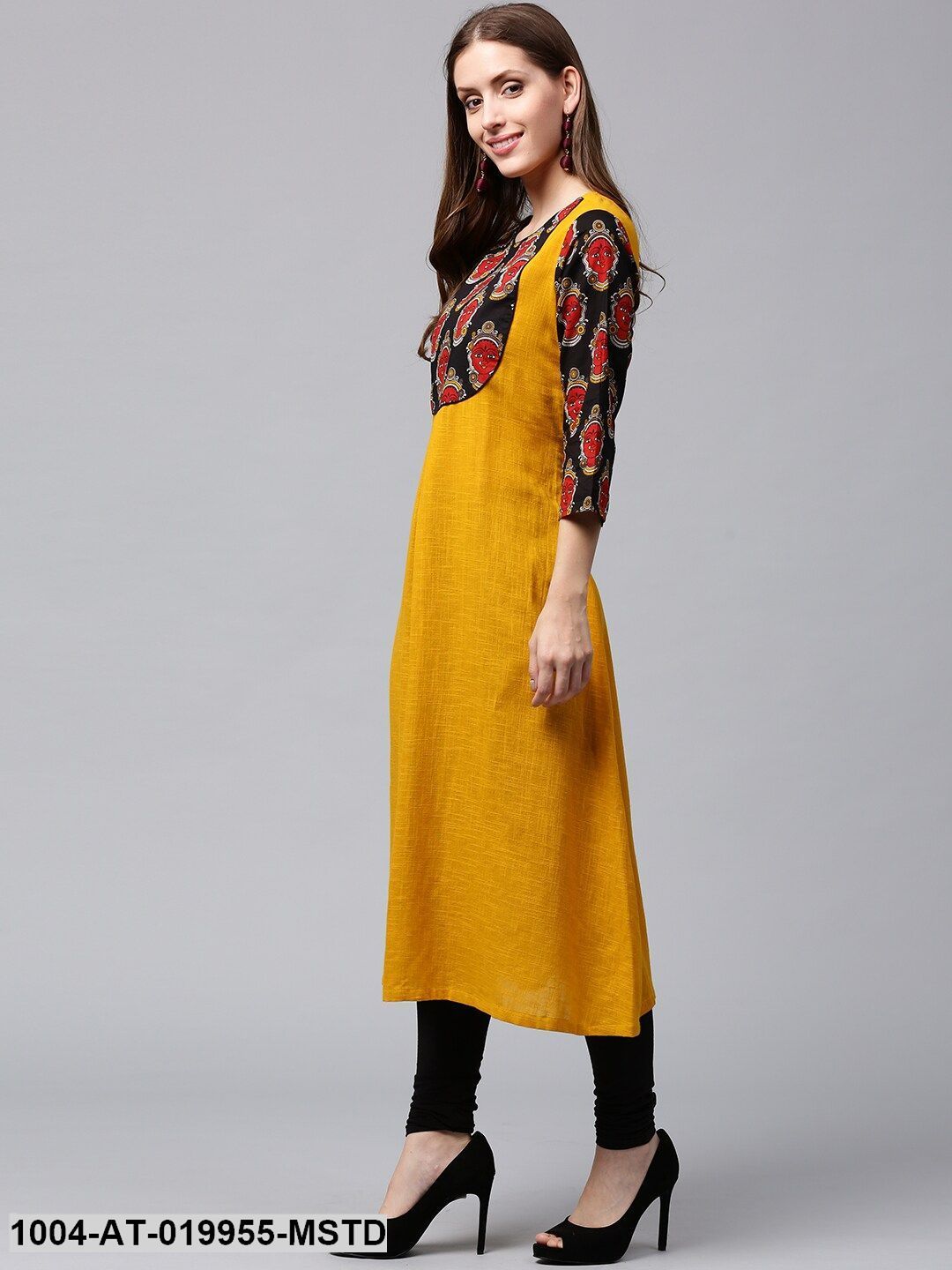 Mustard Yellow & Black Printed Detail A-Line Kurta