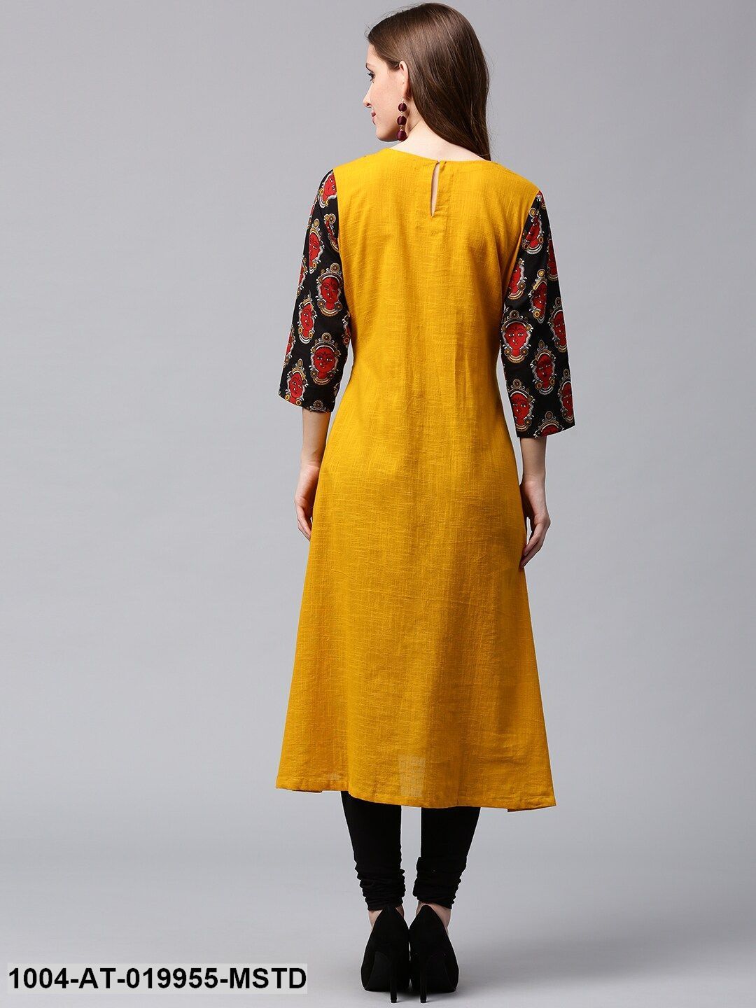 Mustard Yellow & Black Printed Detail A-Line Kurta