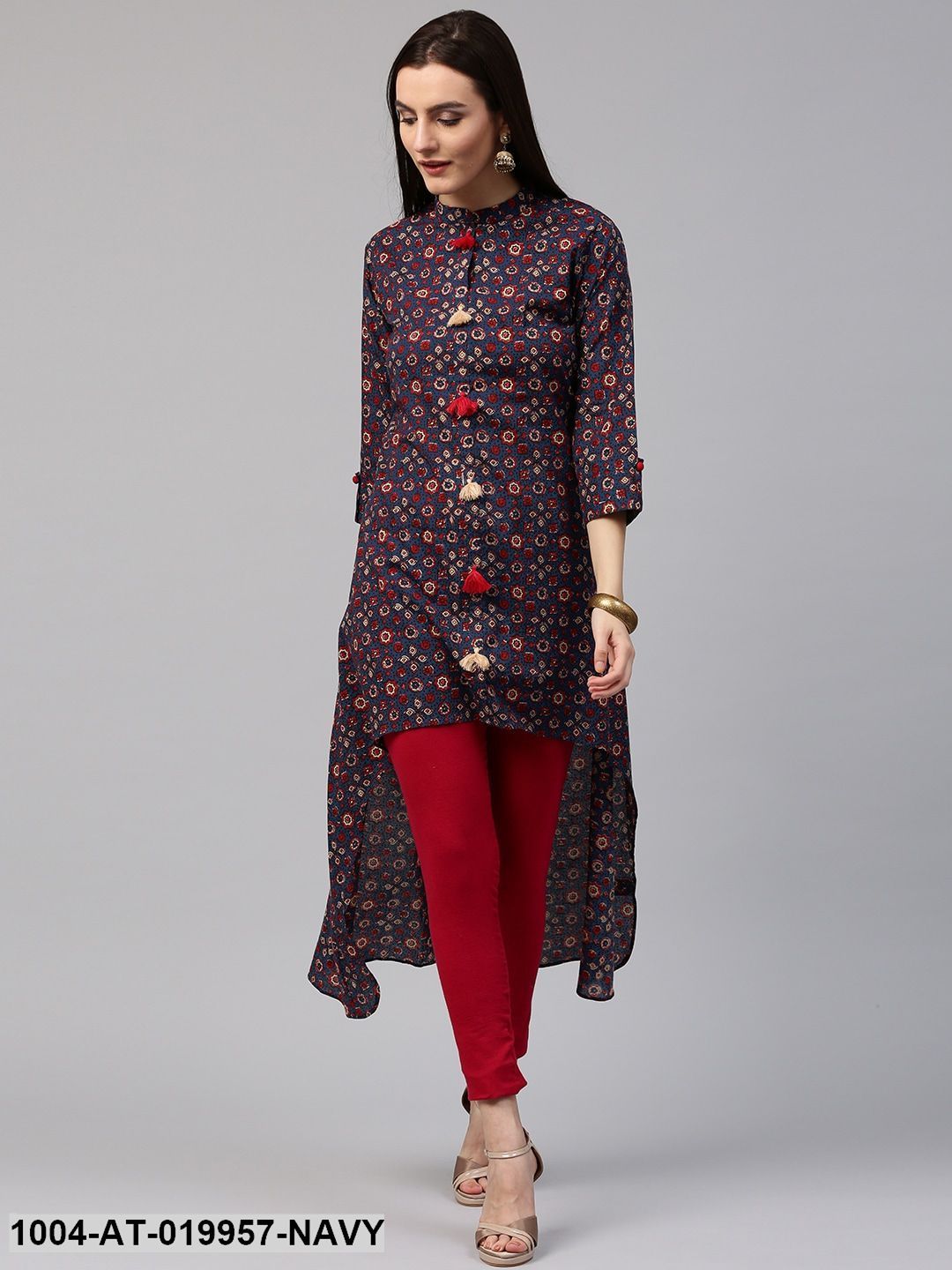 Navy & Red Printed Straight Kurta