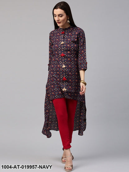 Navy & Red Printed Straight Kurta