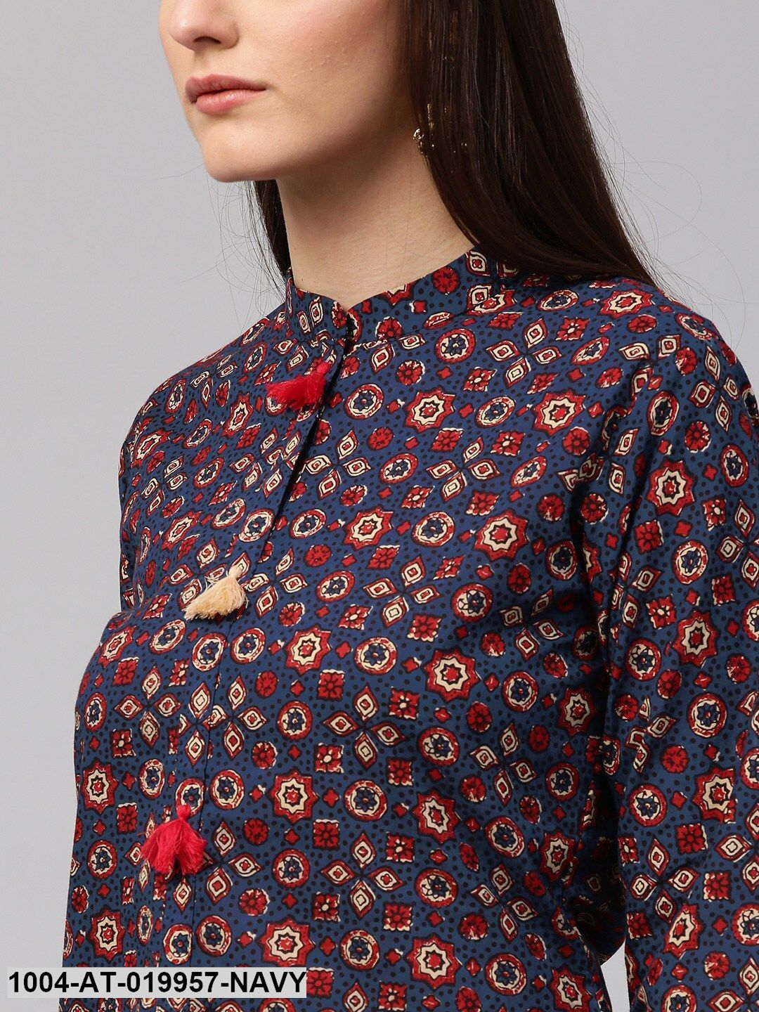 Navy & Red Printed Straight Kurta