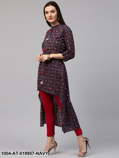 Navy & Red Printed Straight Kurta