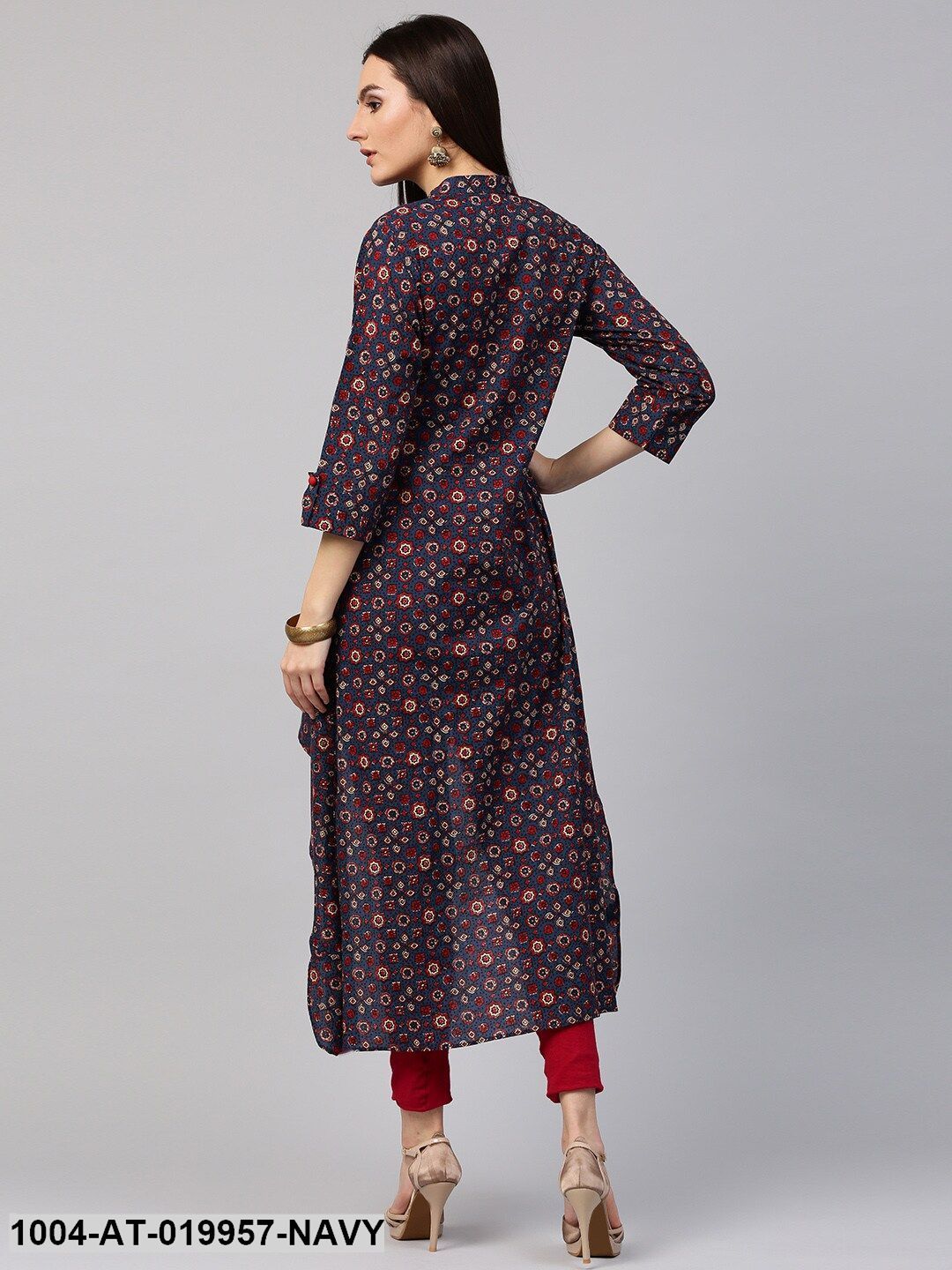 Navy & Red Printed Straight Kurta