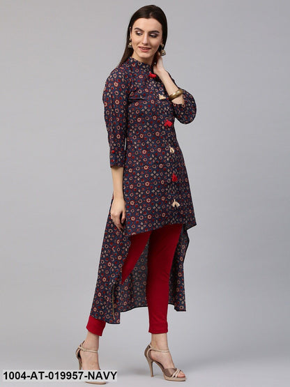 Navy & Red Printed Straight Kurta