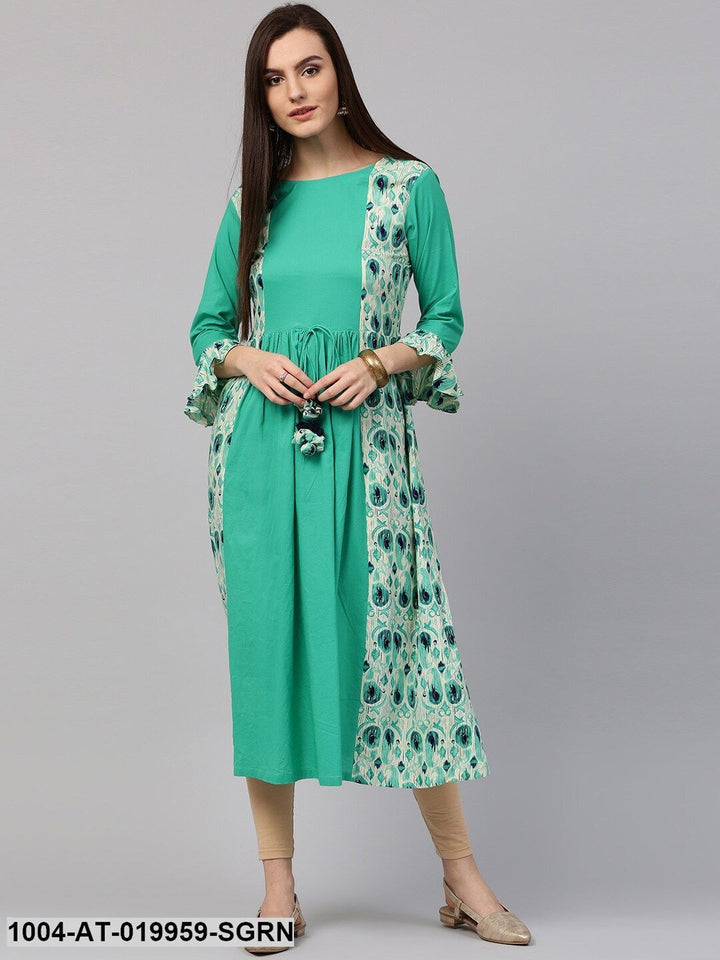 Sea Green &amp; Cream-Coloured Printed A-Line Kurta