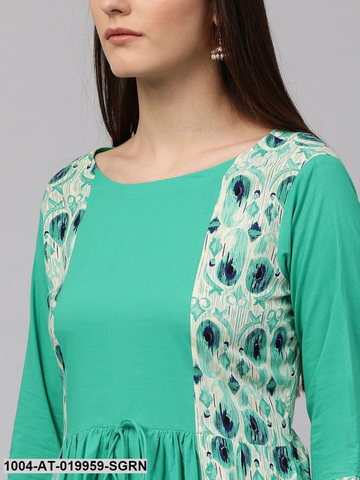 Sea Green &amp; Cream-Coloured Printed A-Line Kurta
