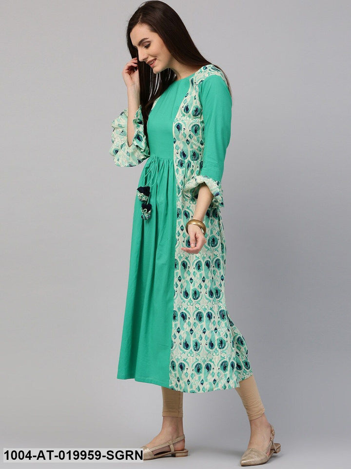 Sea Green &amp; Cream-Coloured Printed A-Line Kurta