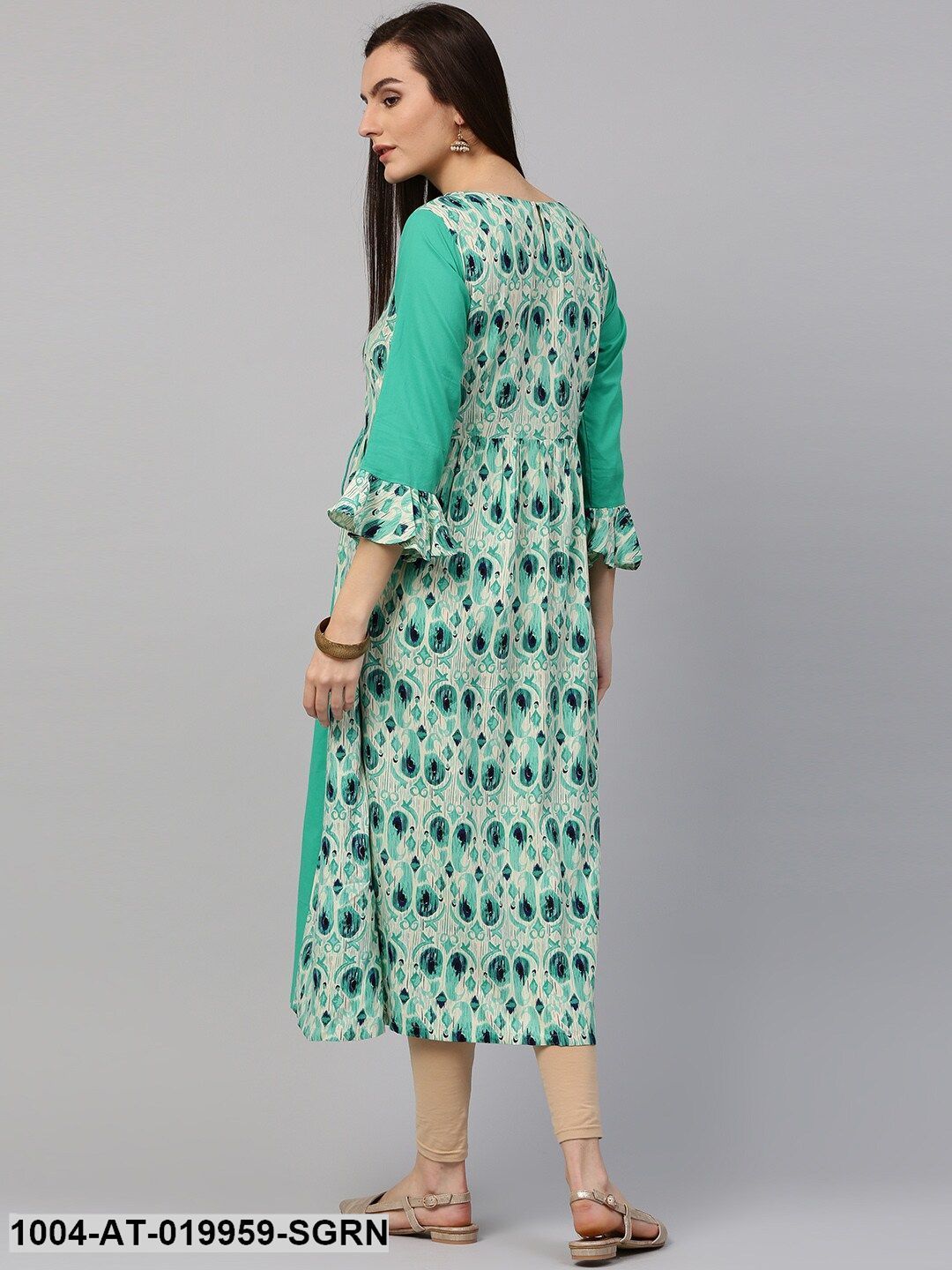 Sea Green &amp; Cream-Coloured Printed A-Line Kurta