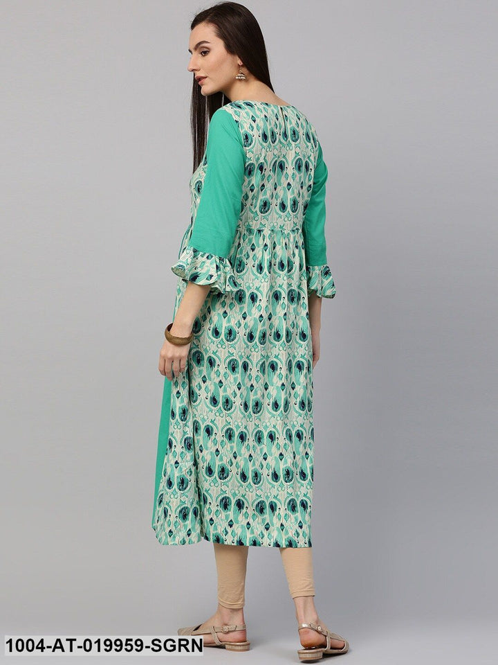 Sea Green &amp; Cream-Coloured Printed A-Line Kurta
