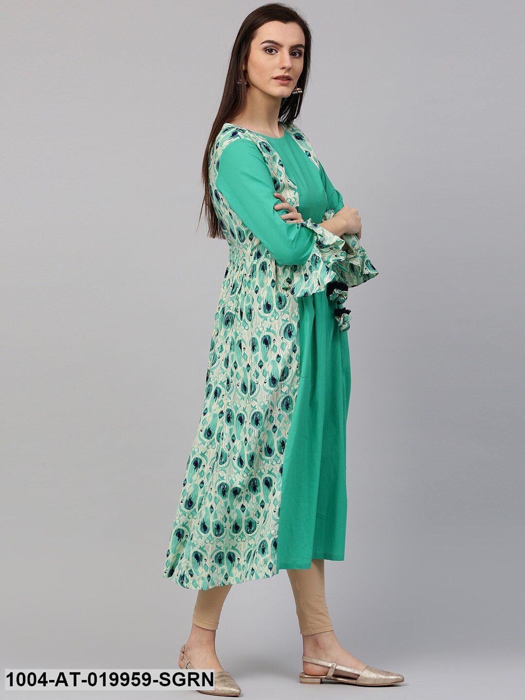 Sea Green &amp; Cream-Coloured Printed A-Line Kurta