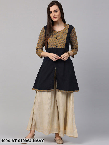 Navy & Mustard Yellow Printed A-Line Kurta