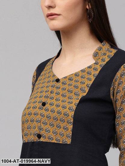 Navy & Mustard Yellow Printed A-Line Kurta