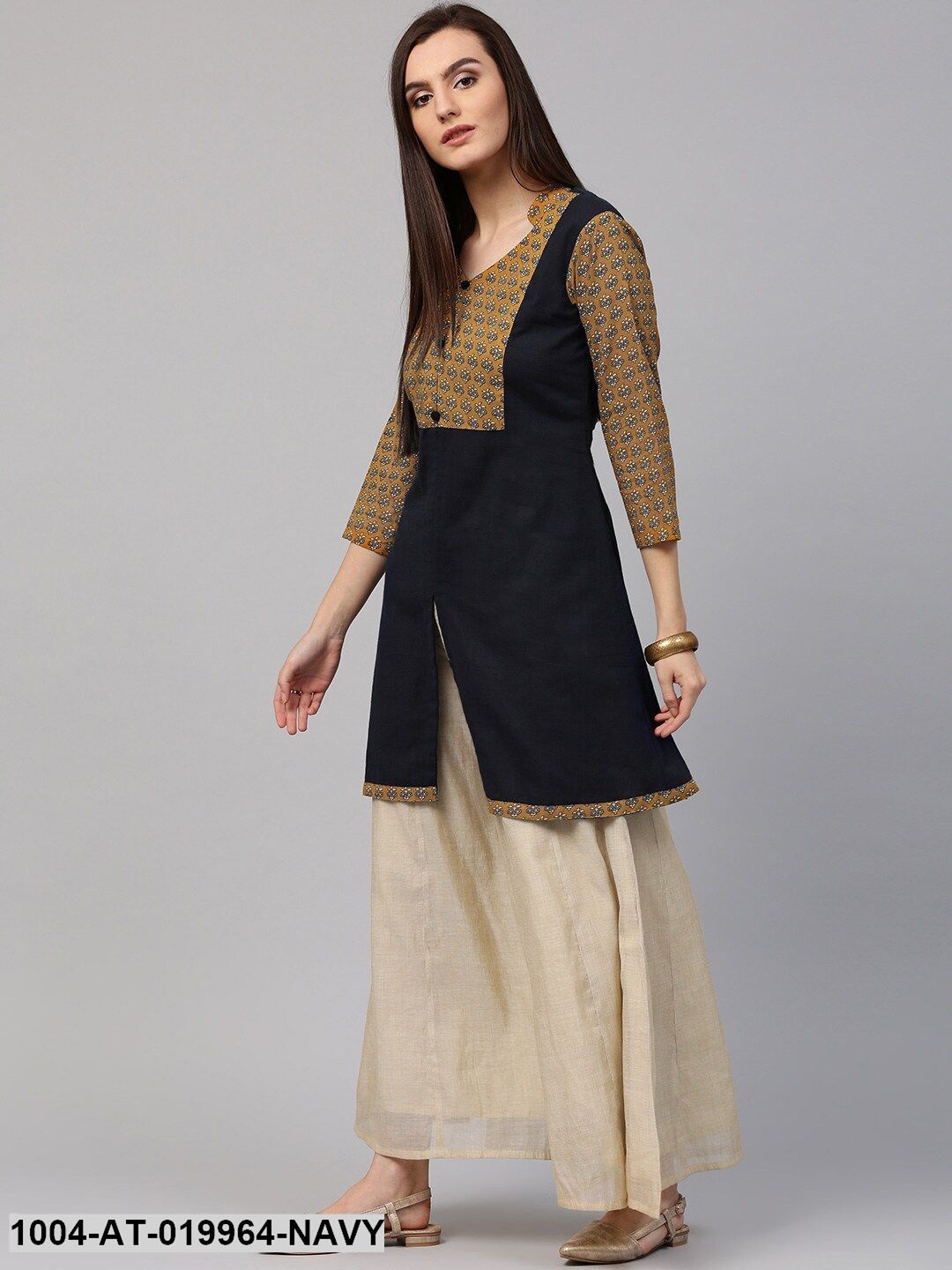 Navy & Mustard Yellow Printed A-Line Kurta