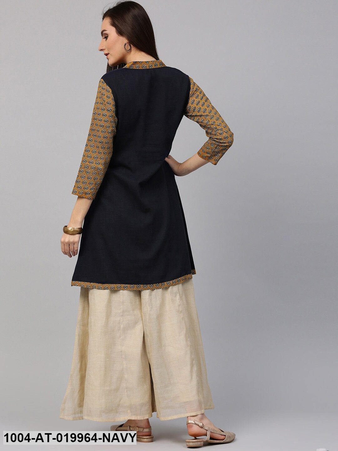 Navy & Mustard Yellow Printed A-Line Kurta