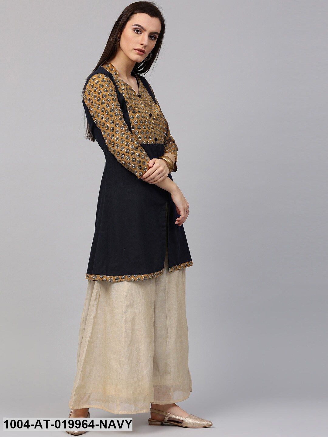 Navy & Mustard Yellow Printed A-Line Kurta