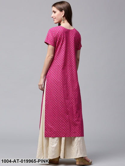 Pink & Green Printed Straight Kurta