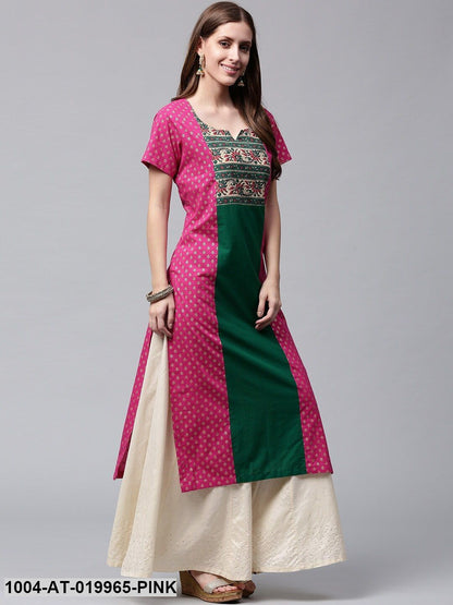 Pink & Green Printed Straight Kurta