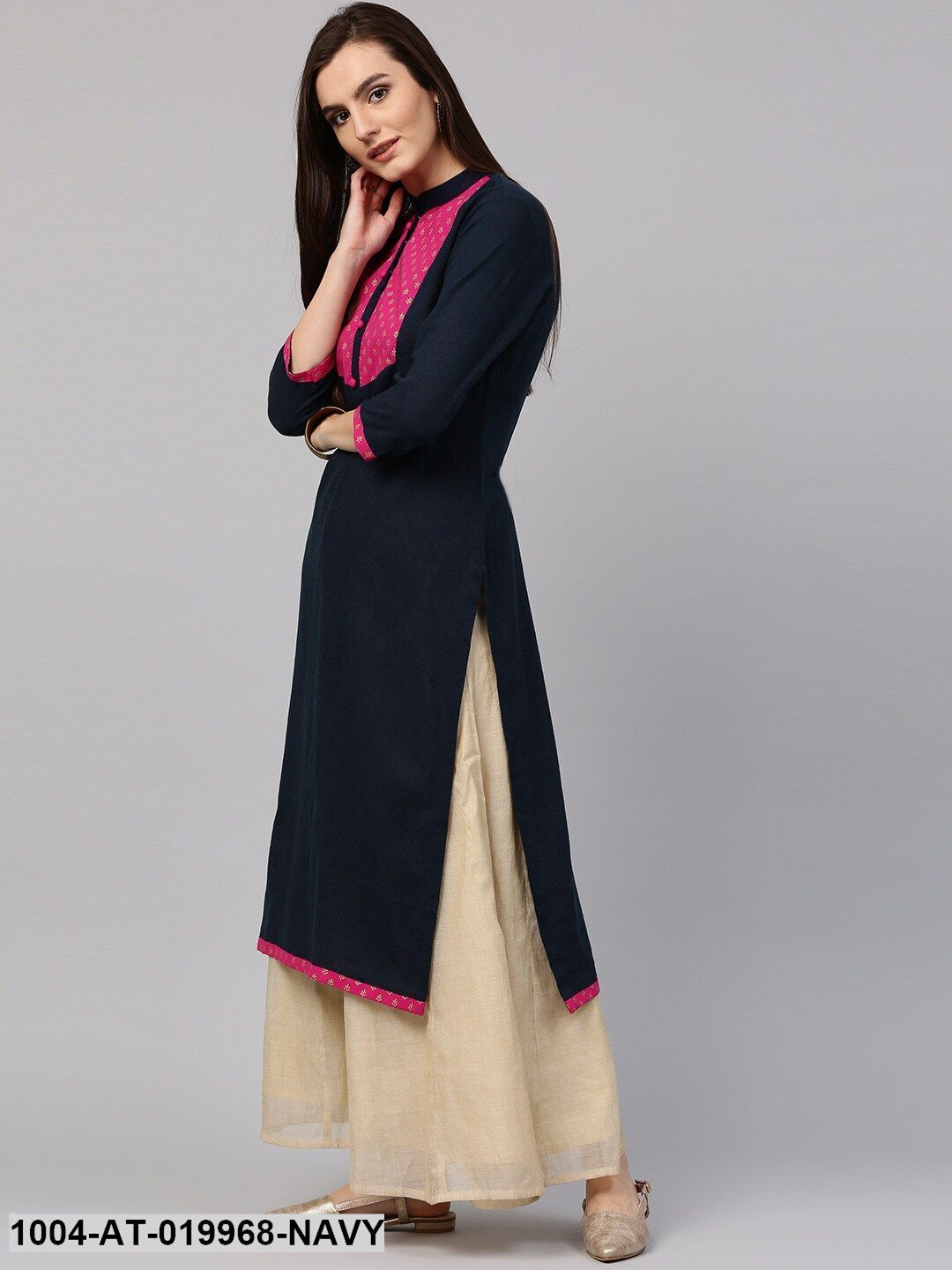 Navy Blue Printed Detail Straight Kurta