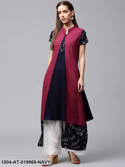 Navy Solid A-Line Kurta with Longline Ethnic Jacket