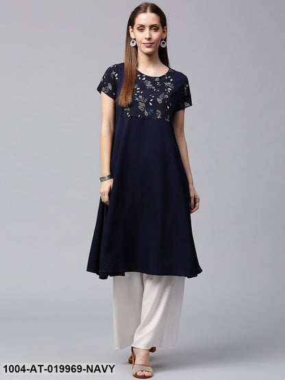 Navy Solid A-Line Kurta with Longline Ethnic Jacket