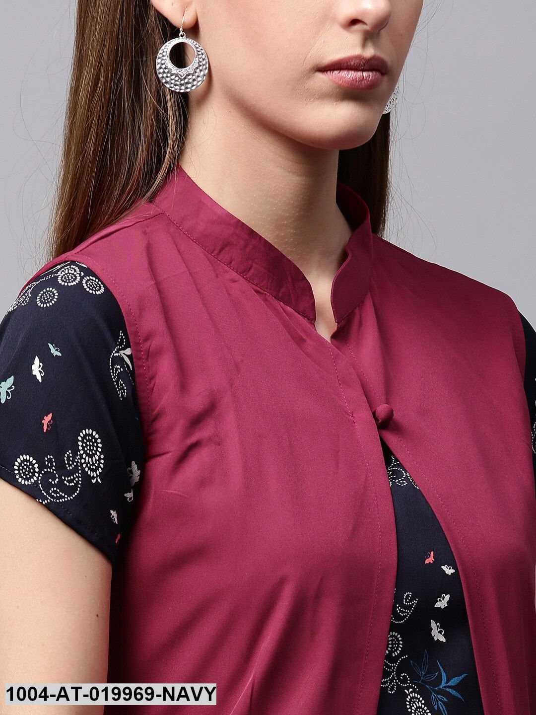 Navy Solid A-Line Kurta with Longline Ethnic Jacket