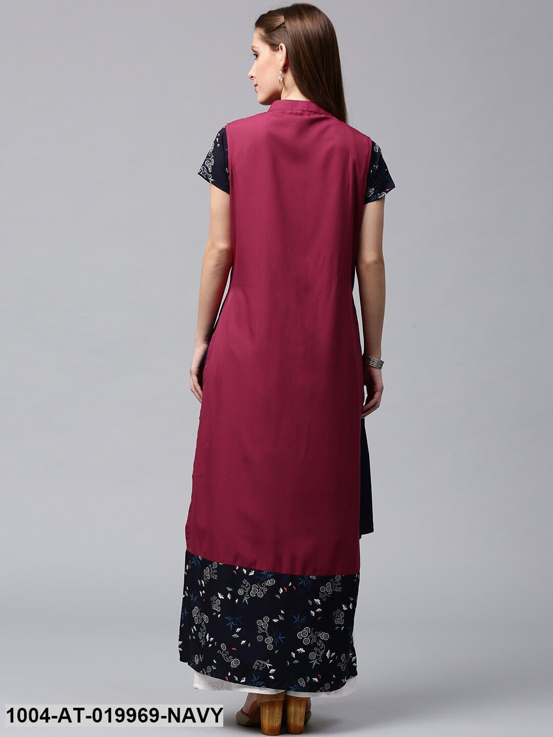 Navy Solid A-Line Kurta with Longline Ethnic Jacket