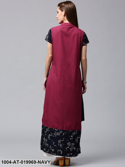 Navy Solid A-Line Kurta with Longline Ethnic Jacket