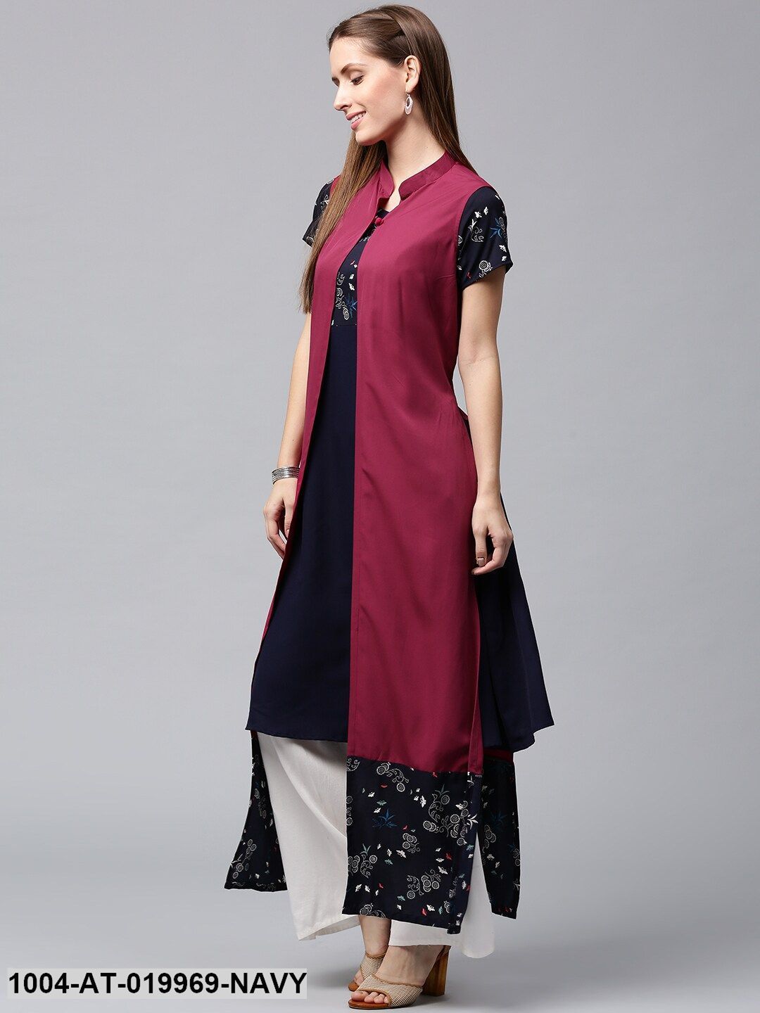 Navy Solid A-Line Kurta with Longline Ethnic Jacket