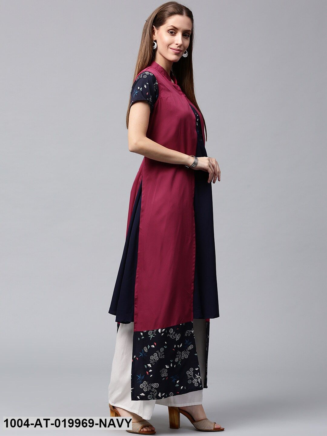 Navy Solid A-Line Kurta with Longline Ethnic Jacket