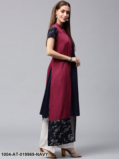 Navy Solid A-Line Kurta with Longline Ethnic Jacket