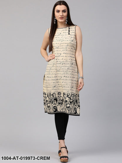 Cream-Coloured & Black Printed Straight Kurta