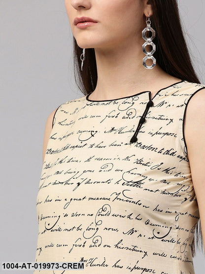 Cream-Coloured & Black Printed Straight Kurta