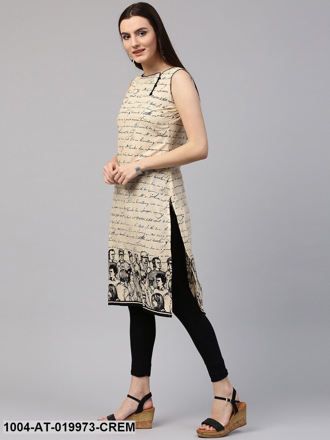 Cream-Coloured & Black Printed Straight Kurta