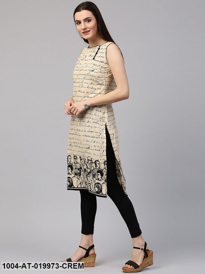 Cream-Coloured & Black Printed Straight Kurta