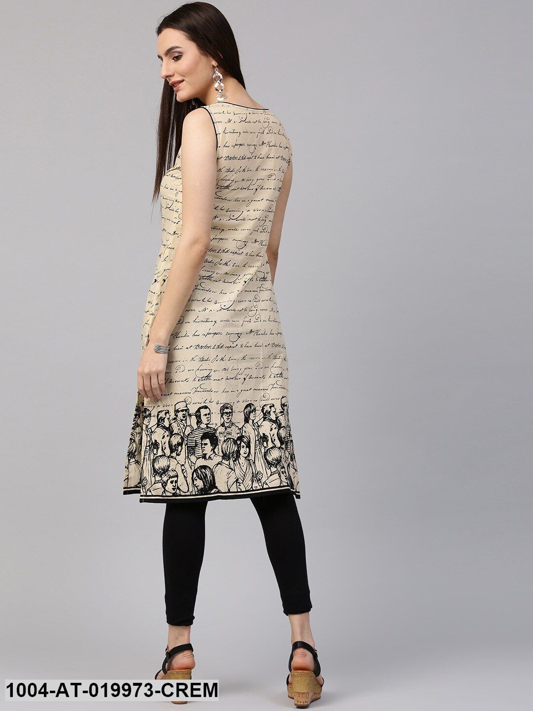 Cream-Coloured & Black Printed Straight Kurta