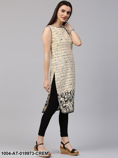 Cream-Coloured & Black Printed Straight Kurta