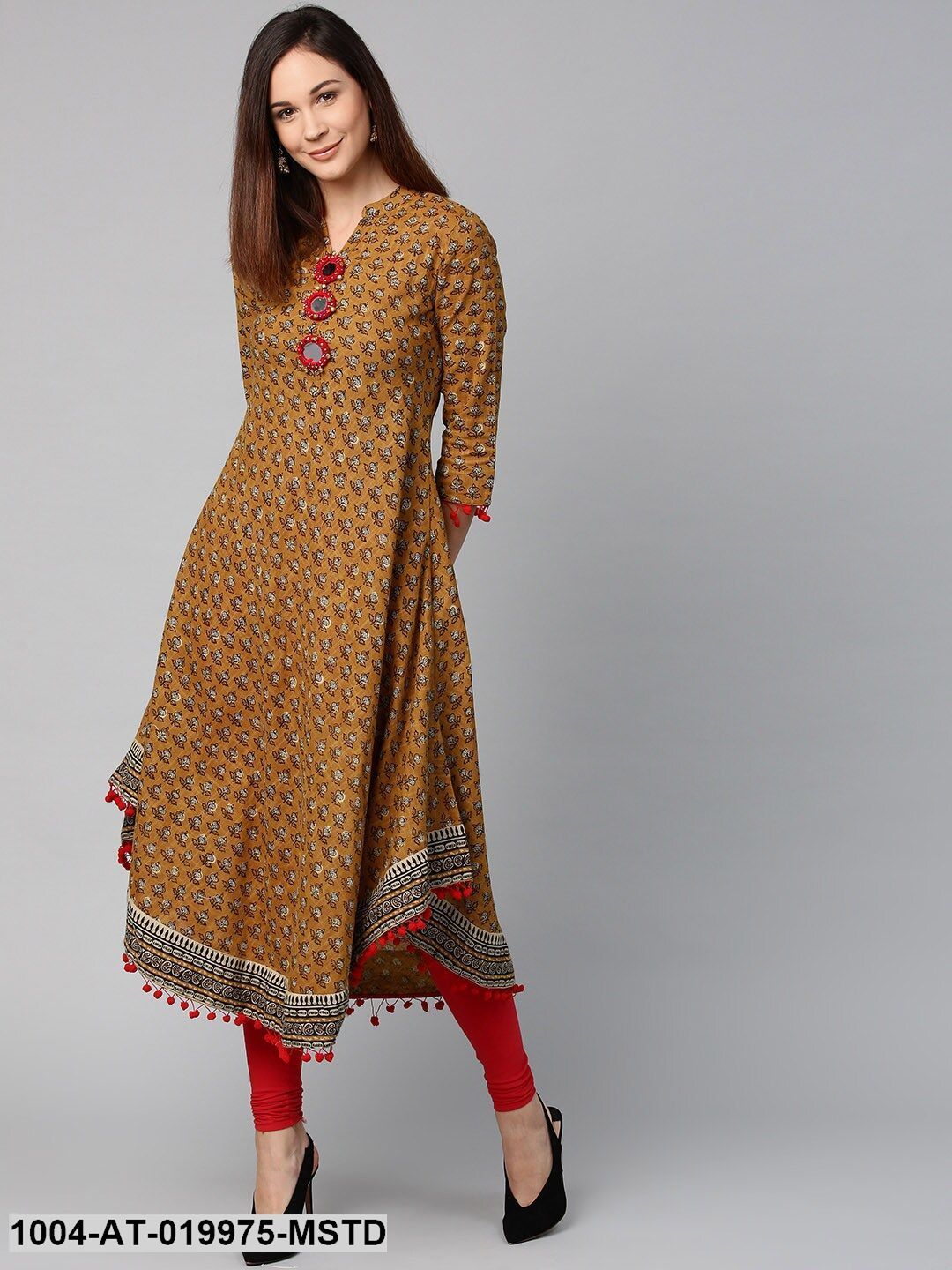 Mustard Brown & Black Printed A-Line Kurta