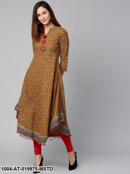 Mustard Brown & Black Printed A-Line Kurta