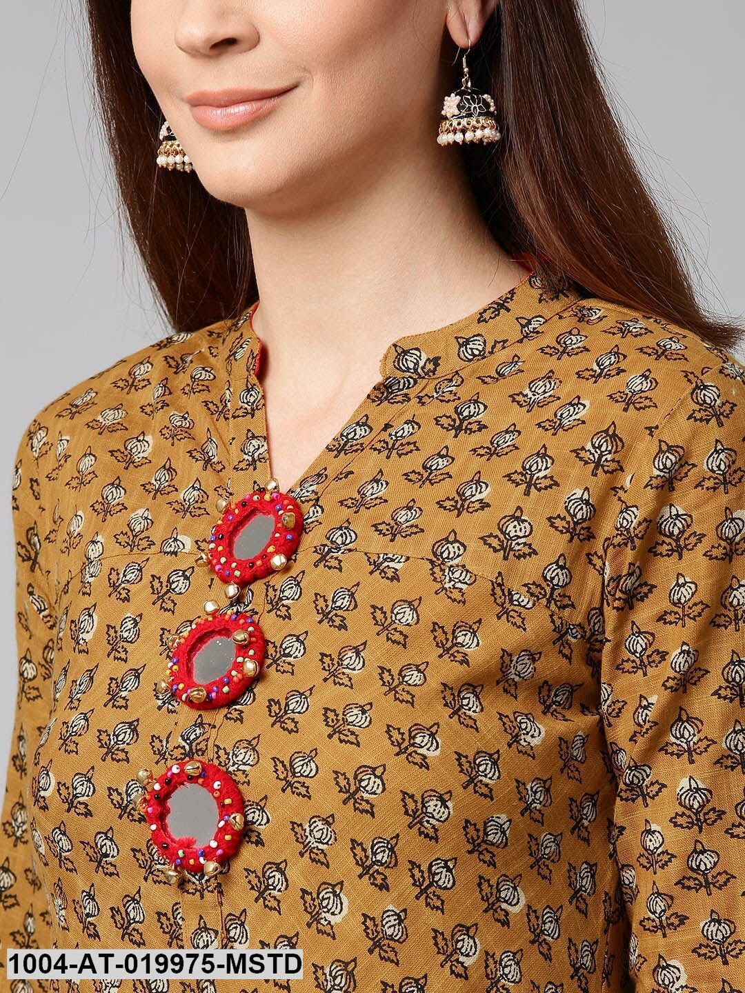 Mustard Brown & Black Printed A-Line Kurta