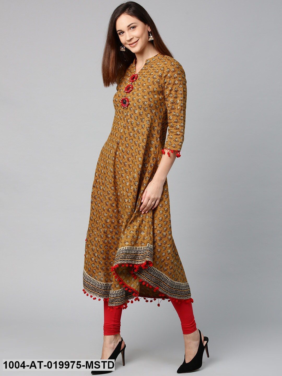 Mustard Brown & Black Printed A-Line Kurta