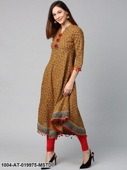 Mustard Brown & Black Printed A-Line Kurta
