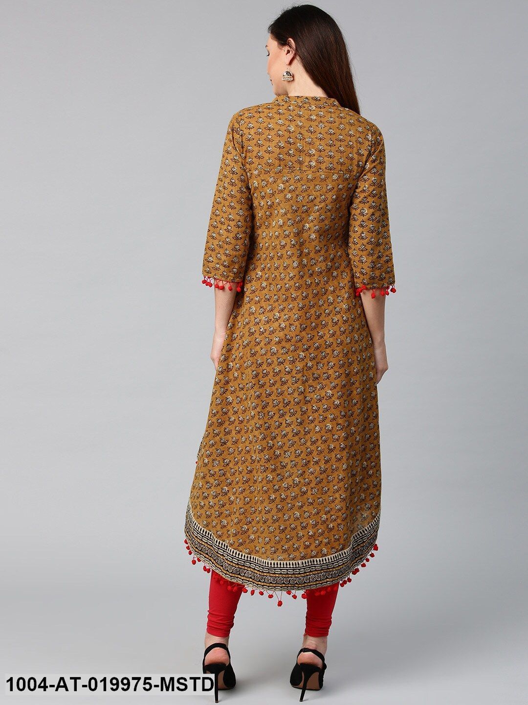 Mustard Brown & Black Printed A-Line Kurta